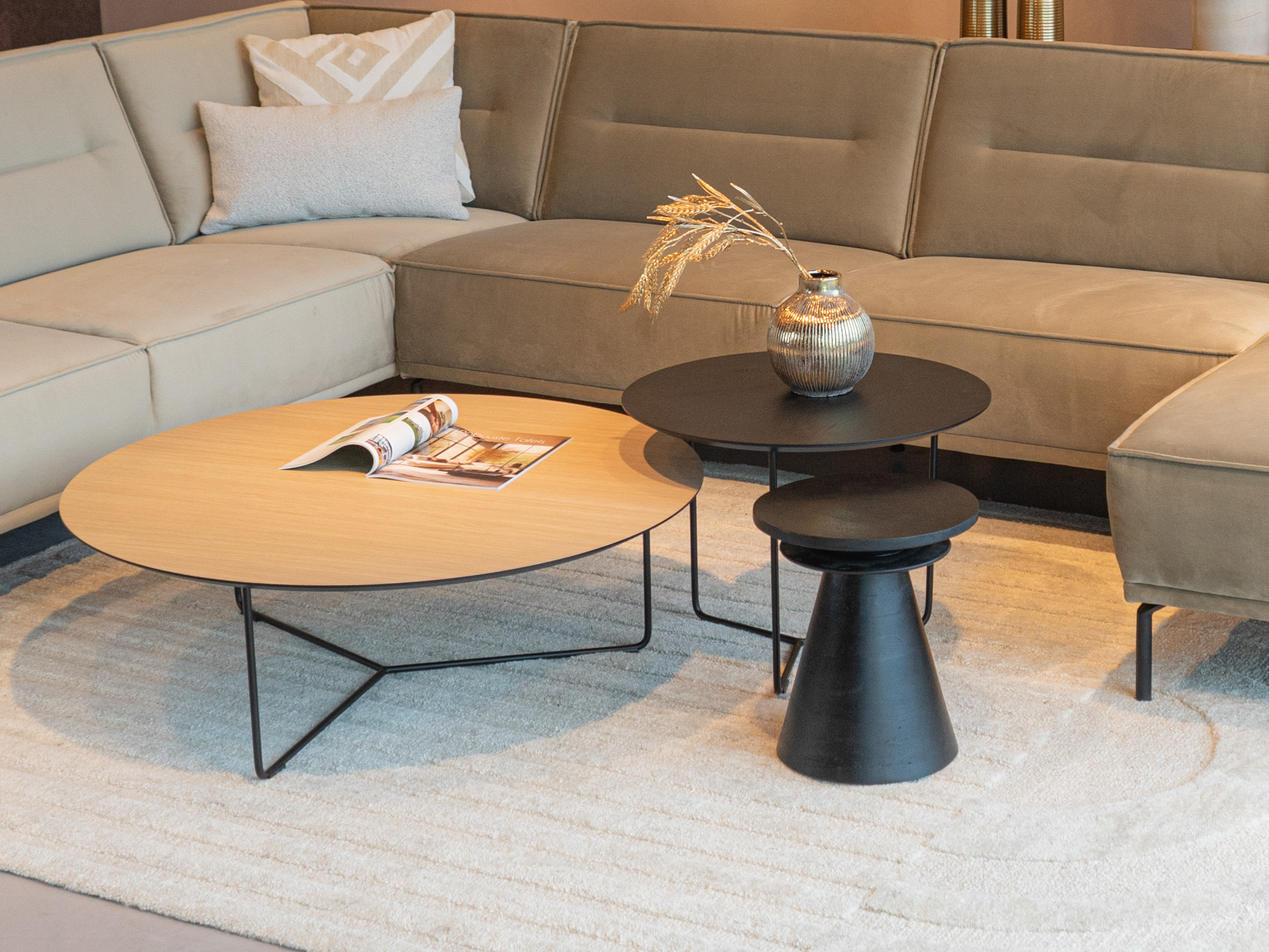 Salontafel Kivi - rond - 100x34cm - master oak light natural + 60x45cm - elegant black