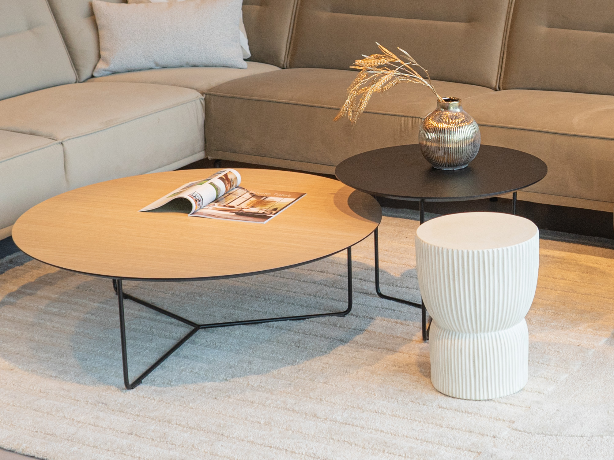 Salontafel Kivi - rond - 100x34cm - master oak light natural + 60x45cm - elegant black