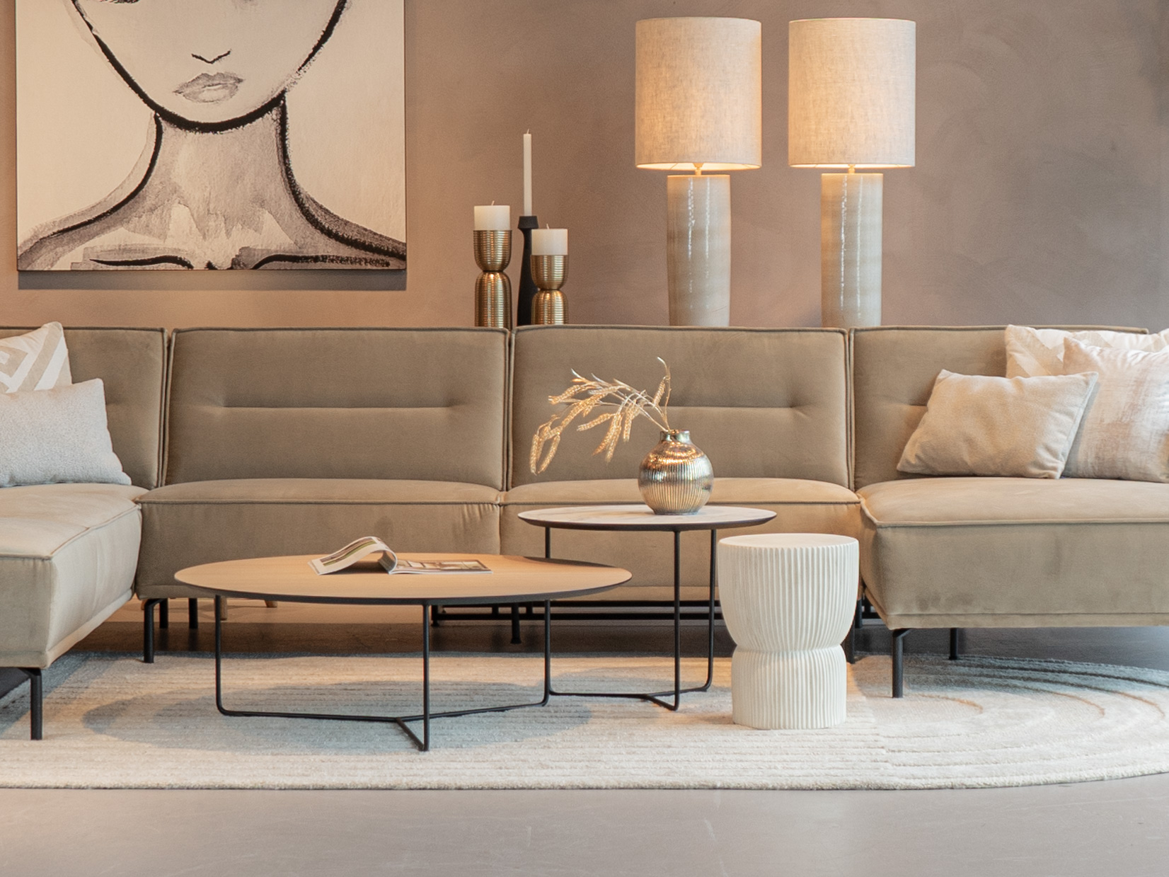 Salontafel Kivi - rond - 100x34cm - master oak light natural + stone - 60x45cm - lime chalk white