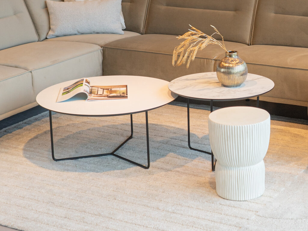 Salontafel Kivi - rond - 80x40cm - lime chalk white + 60x45cm - carrara frosted white