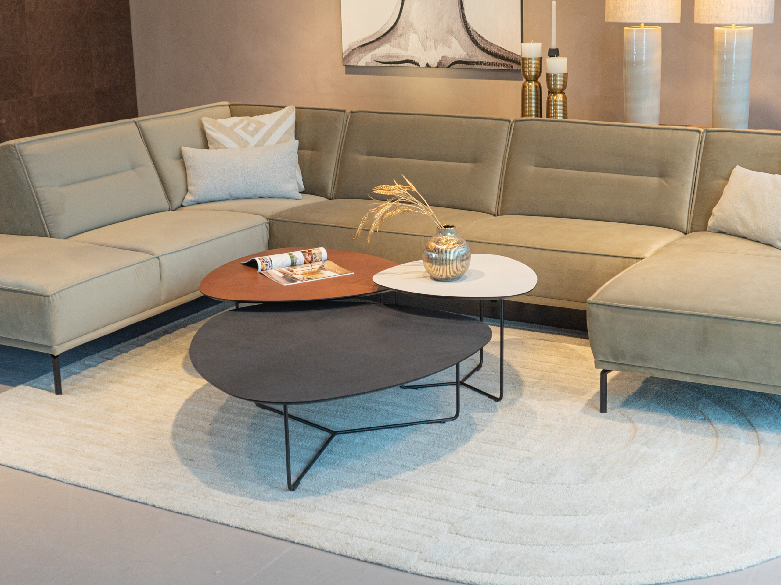 Salontafel Kivi - stone - 100x34cm - lime midnight + 80x40cm - lime earth baked + 60x45cm - lime chalk white