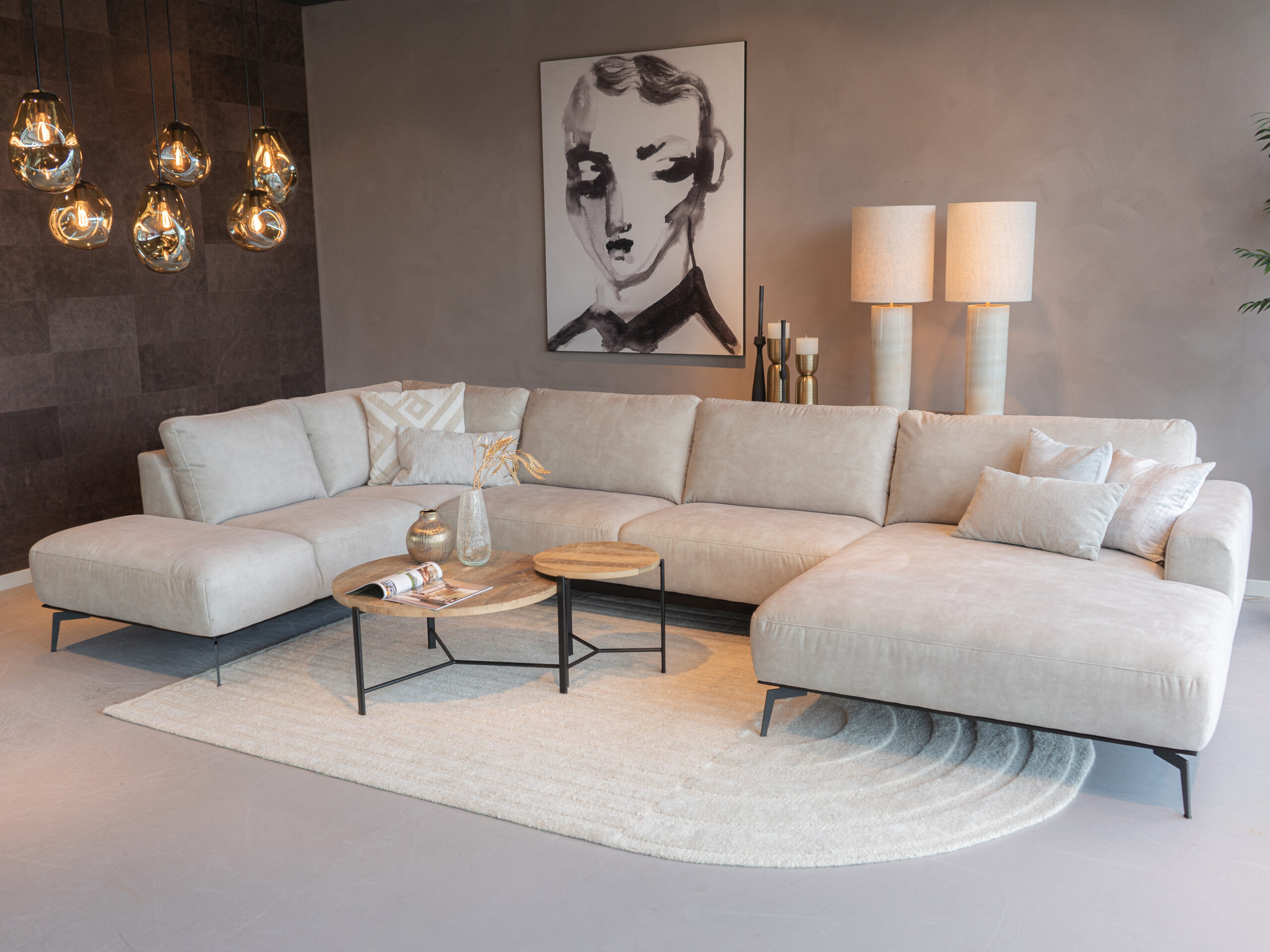 Salontafel Le Havre - Ø80x40cm - Ø45x44cm - oud eiken met onze bank Domingo