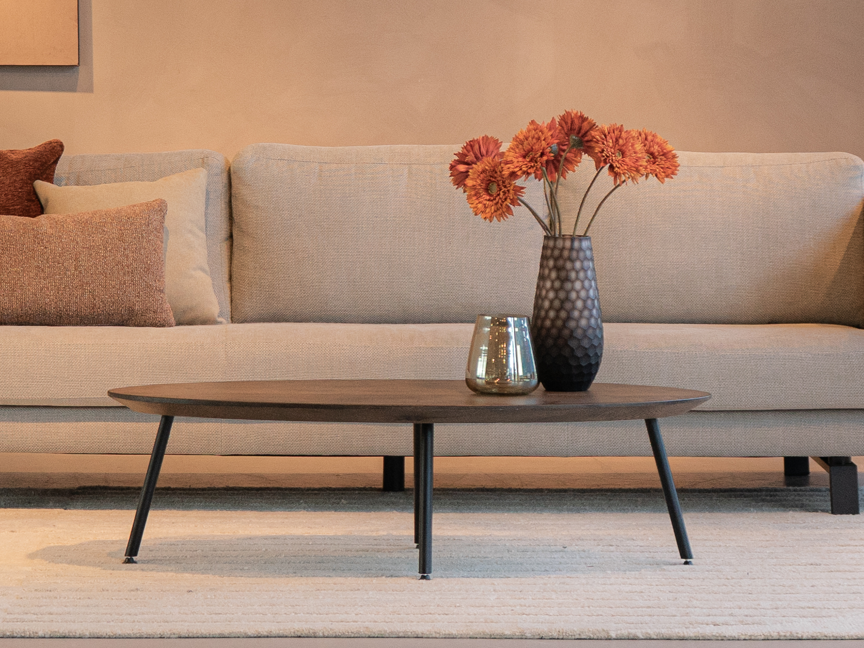 Salontafel Le Mans - 120x55x33cm - ovaal - verjongd - deer brown soft gloss - onderstel Nancy 4 poot