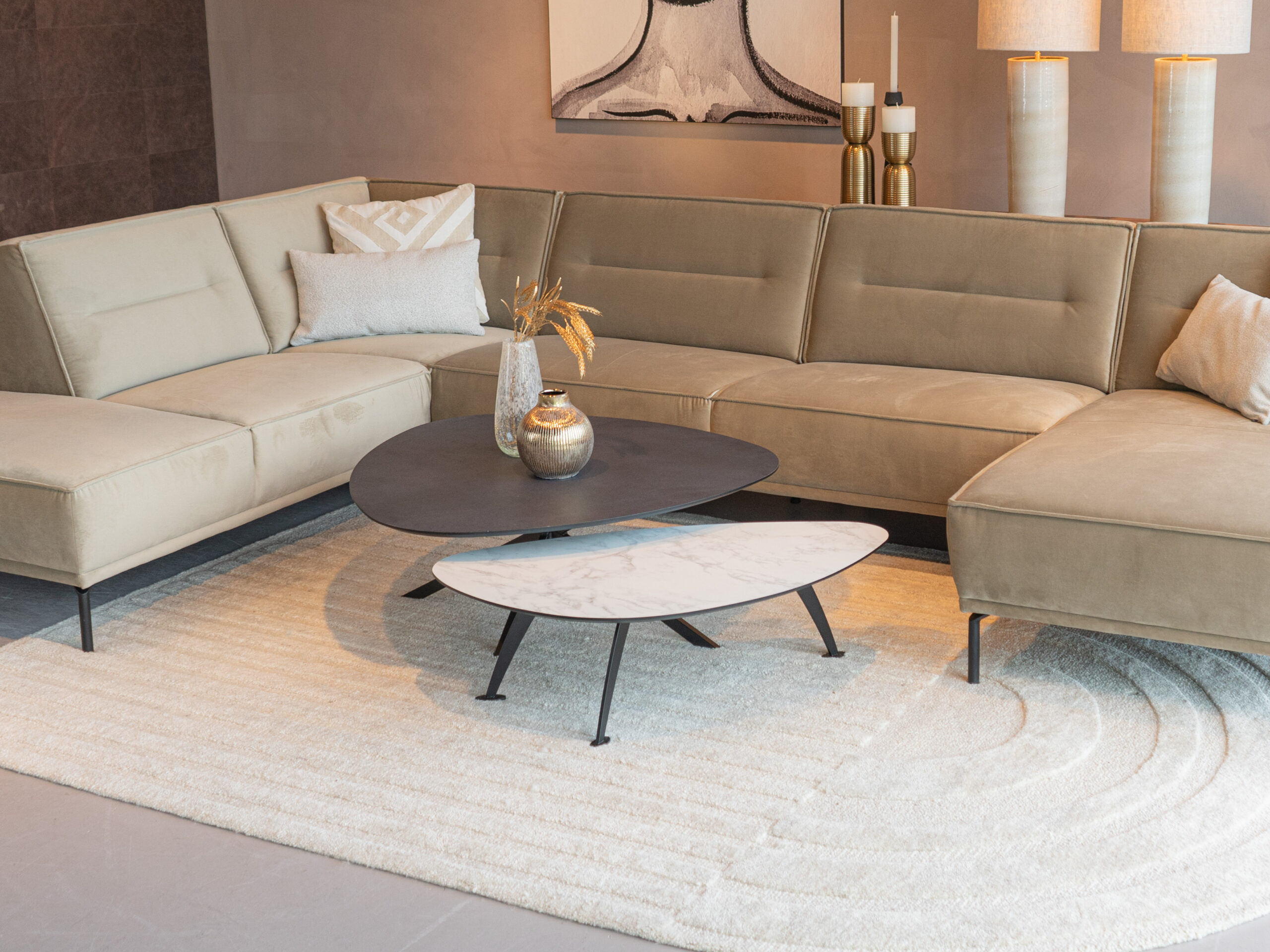 Salontafel Lucca - stone - 100cm - lime midnight + salontafel Montalcino - 100cm - kiezel - carrara frosted white