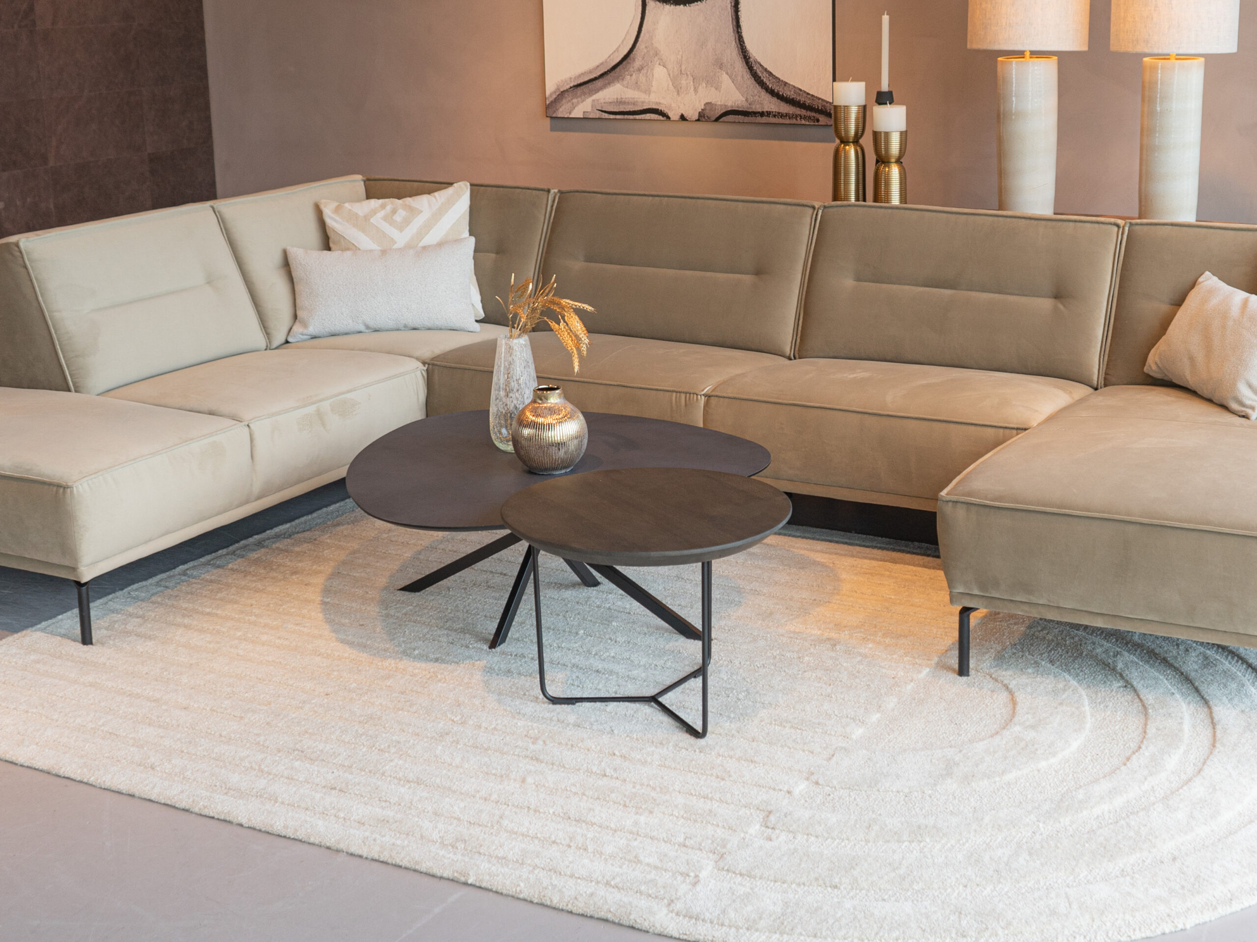 Salontafel Lucca - stone - 100cm - lime midnight + salontafel Tellaro - 60x45cm - rond- night glow