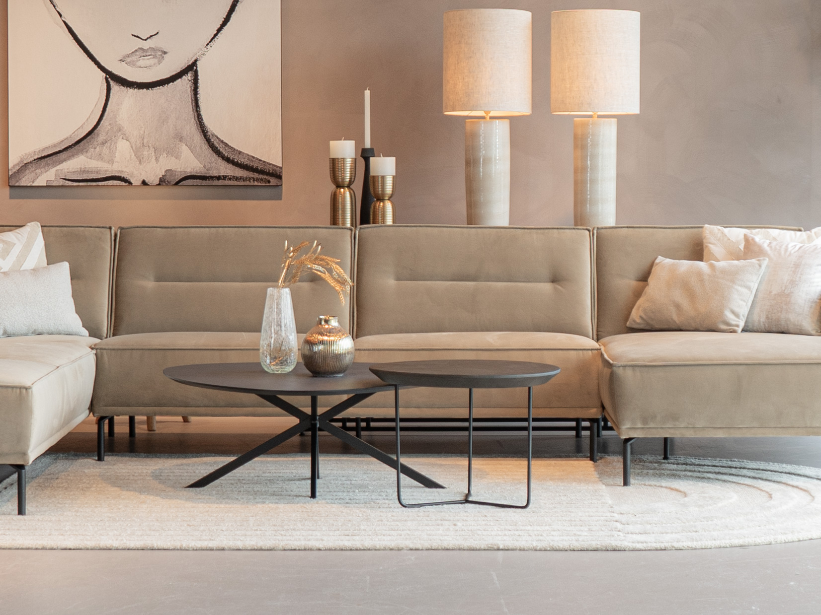 Salontafel Lucca - stone - 100cm - lime midnight + salontafel Tellaro - 60x45cm - rond- night glow