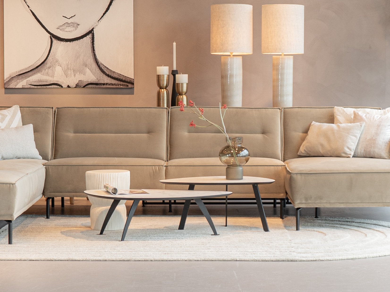 Salontafel Montalcino 100x55 - kiezel - carrara frosted white + salontafel Viterbo