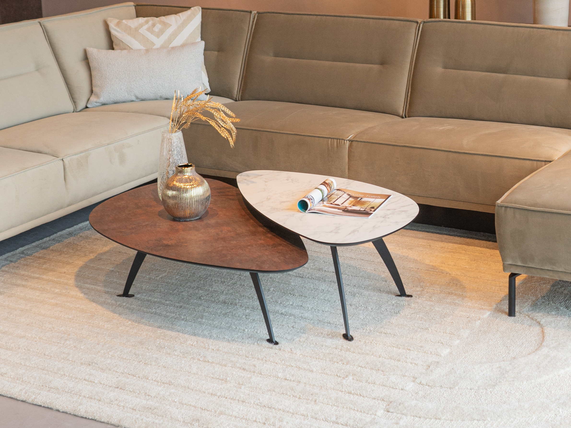 Salontafel Montalcino - 120cm - kiezel - elemental corten + Montalcino - 100cm pebble - carrara frosted white