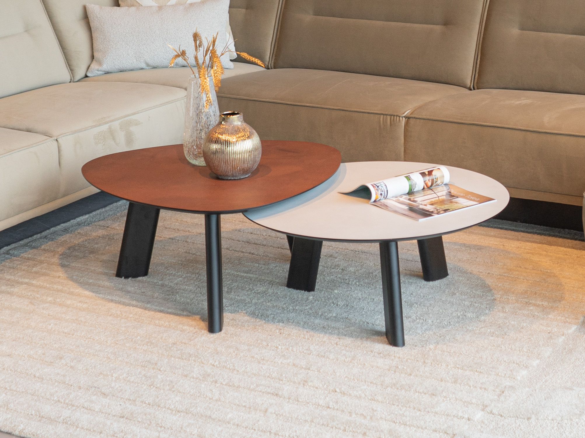 Salontafel Pavia - 80x35cm - rond - lime chalk white + stond 80x40cm - lime earth baked