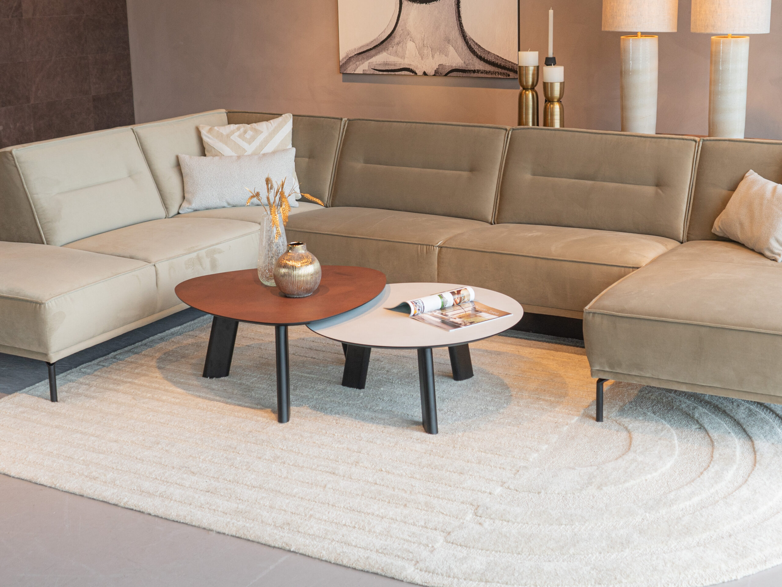 Salontafel Pavia - 80x35cm - rond - lime chalk white + stond 80x40cm - lime earth baked