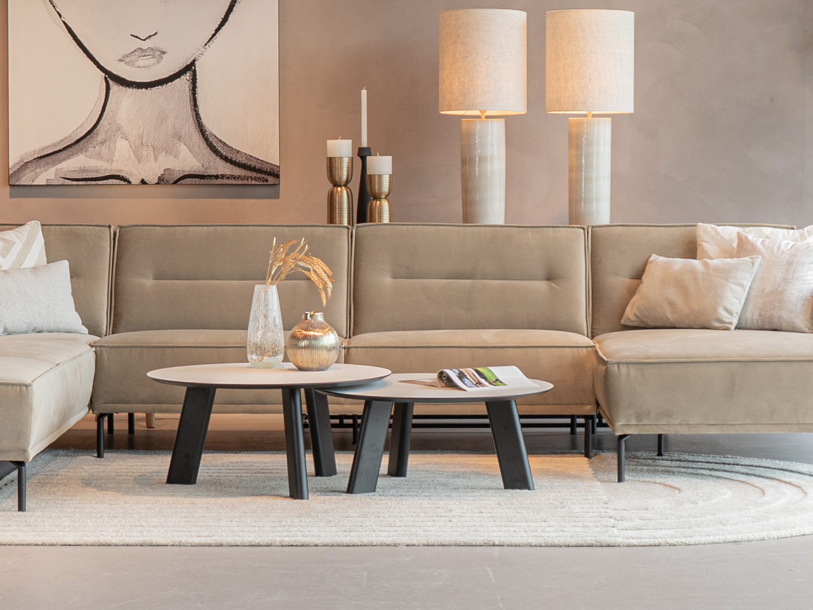 Salontafel Pavia - 80x40cm - rond - lime chalk white + 80x35cm - rond - lime chalk white