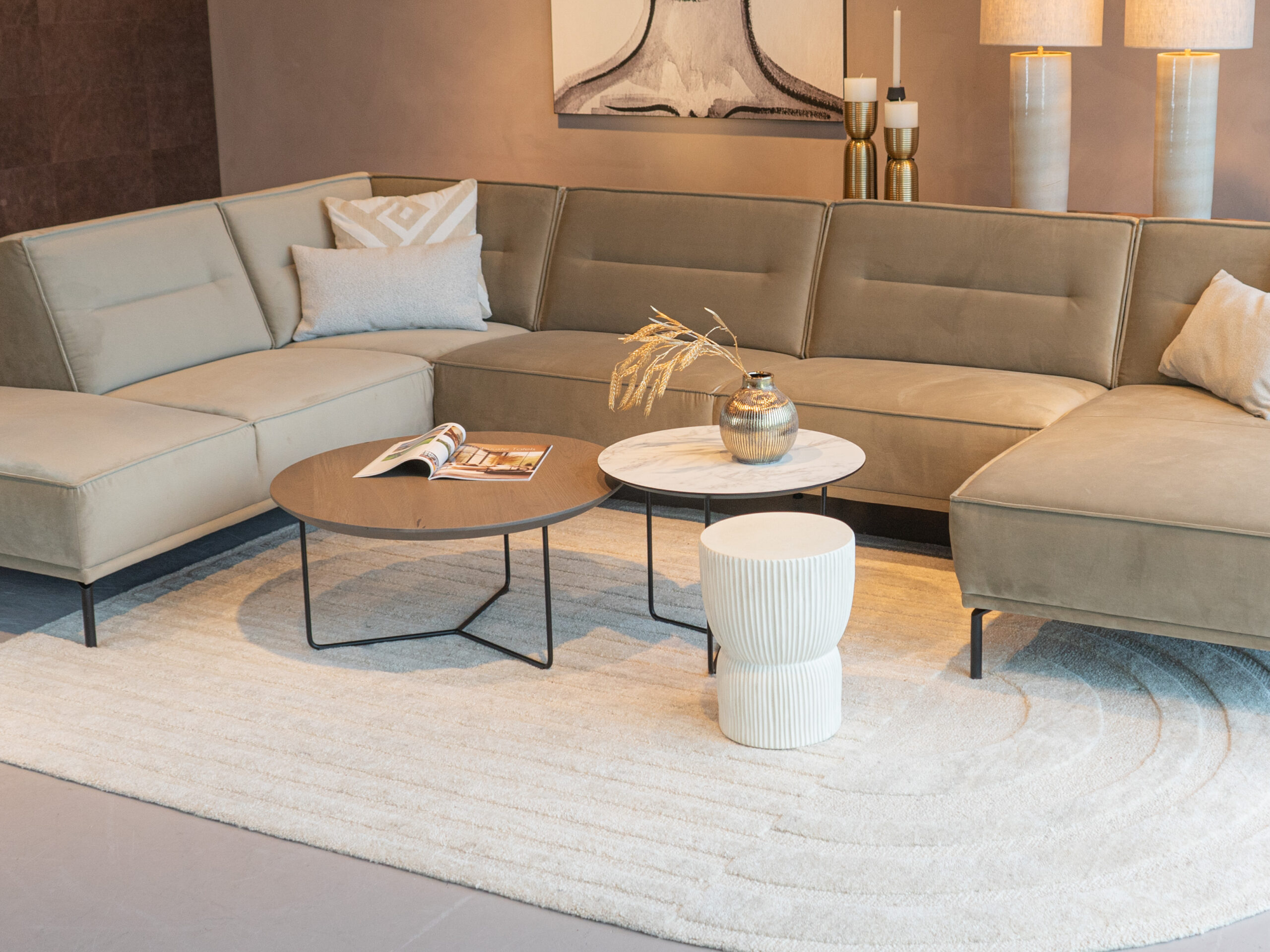 Salontafel Tellaro – 80x40cm – rond – smoke + Salontafel Kivi – rond - 60x45cm - carrara frosted white