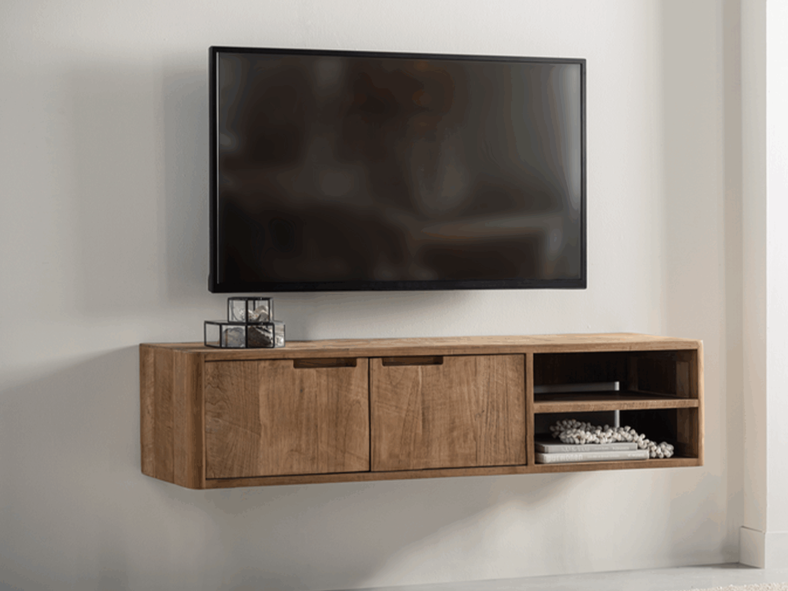 hangend teakhouten TV-meubel met opbergruimte