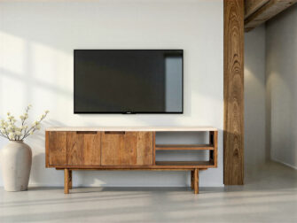 Staand TV-meubel van teakhout met deurtjes