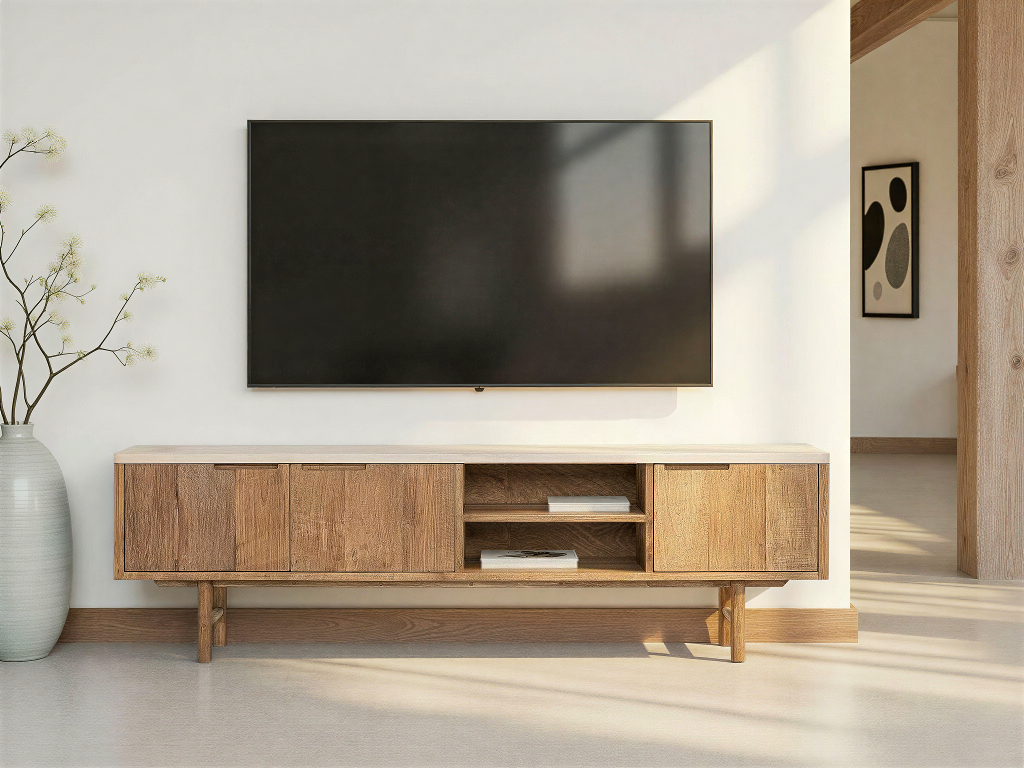 TV-meubel van teakhout op pootjes met beige topblad