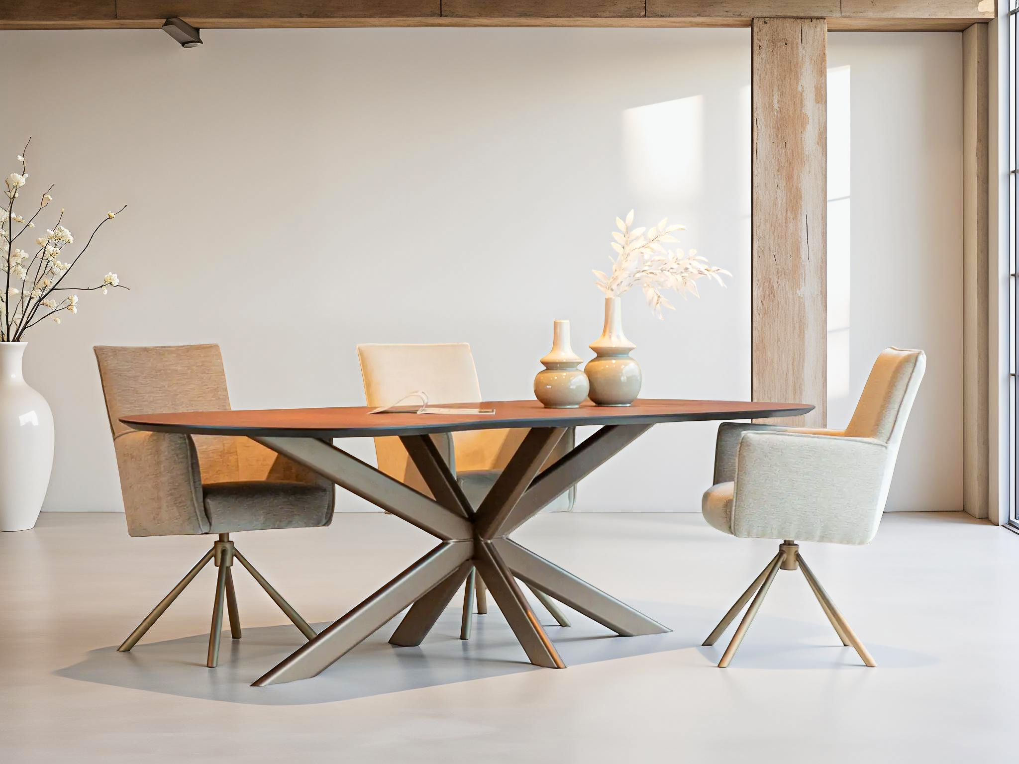 Tafel-Avallon-240x100cm-halfrond-madison-walnut-onderstel-Fano-anodic-brons-met-onze-eetkamerstoelen-Hervas32
