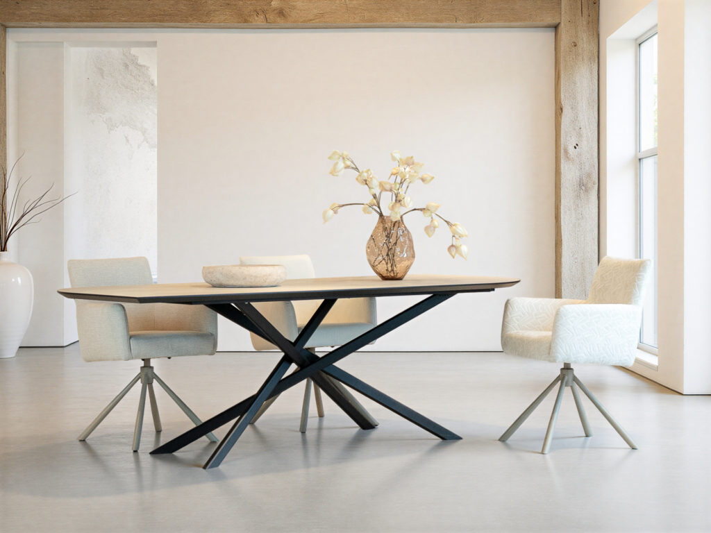 Tafel Avallon 240x100cm - wing - hpl crackled marble plaster - onderstel lormont - metaalkleur black