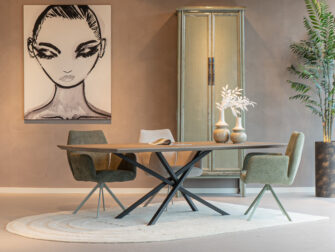 Tafel Boston - 240x100cm bowend - lava light - met onze eetkamerstoelen Pereira massief houten eettafel