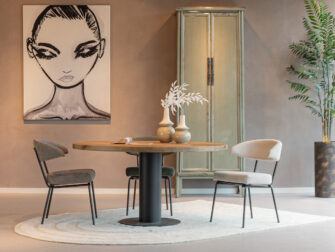 Tafel Fayance - Ø150cm - onderstel Trappes - met onze eetkamerstoelen Kansas ronde eettafels eikenhout