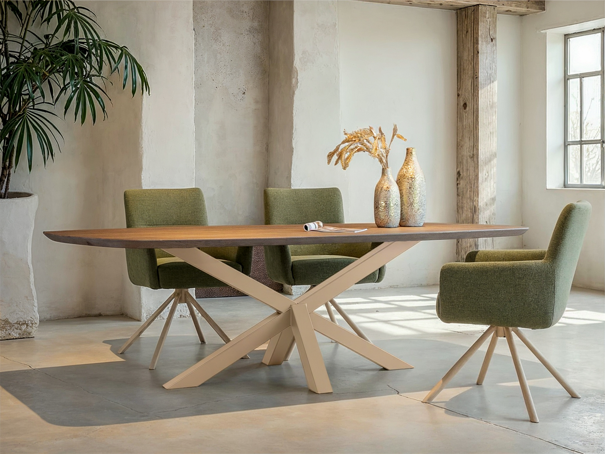 Tafel Rivoli - 240x110cm - kiwi - cinnamon - verjongd - metaalkleur RAL 1019 - met onze eetkamerstoelen Arezzo