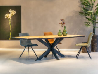 Tafelblad Pesco 240x100cm - onderstel Antares met onze eetkamerstoelen Trevano