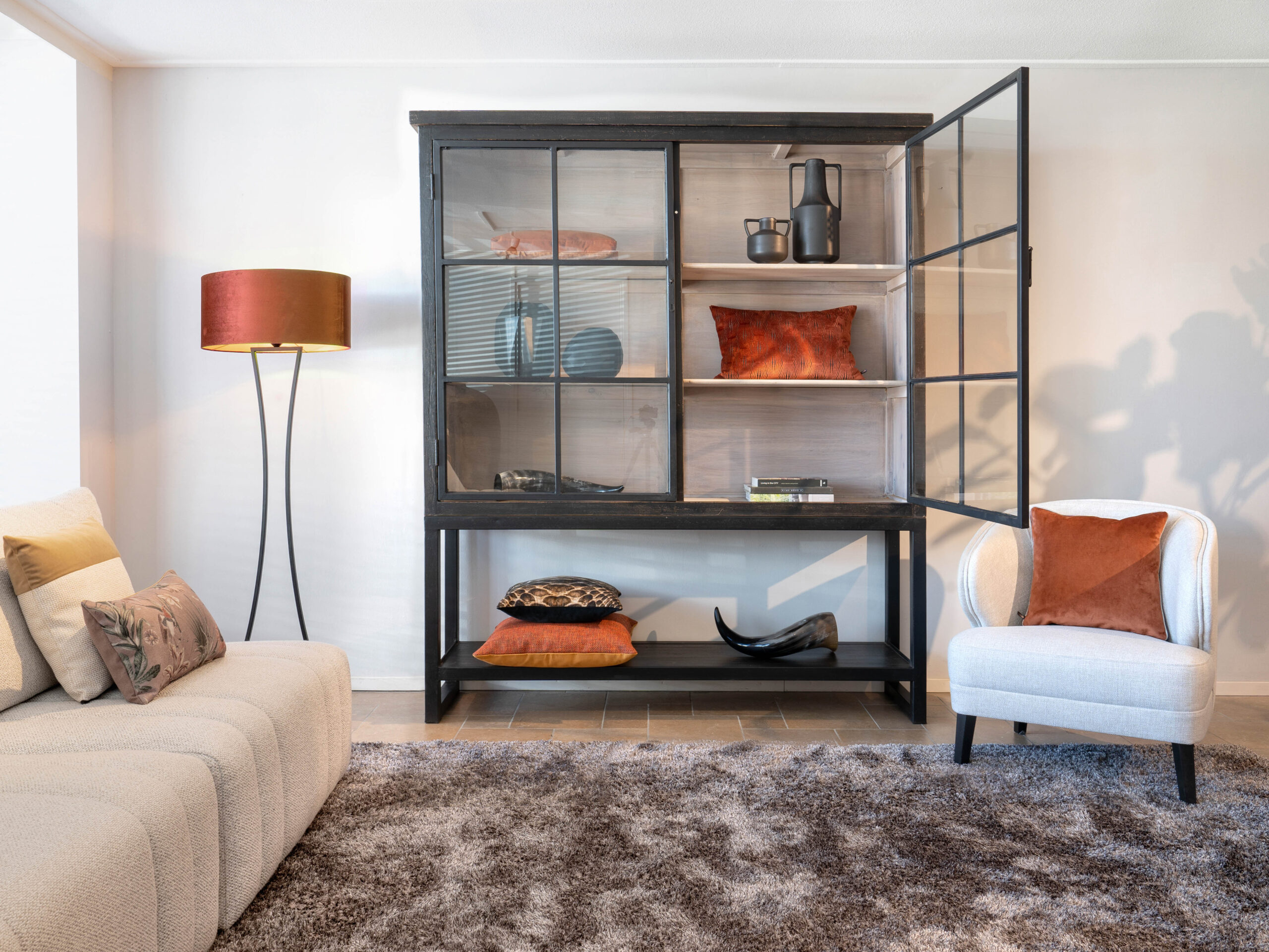 zwarte robuuste kast met glazen deuren